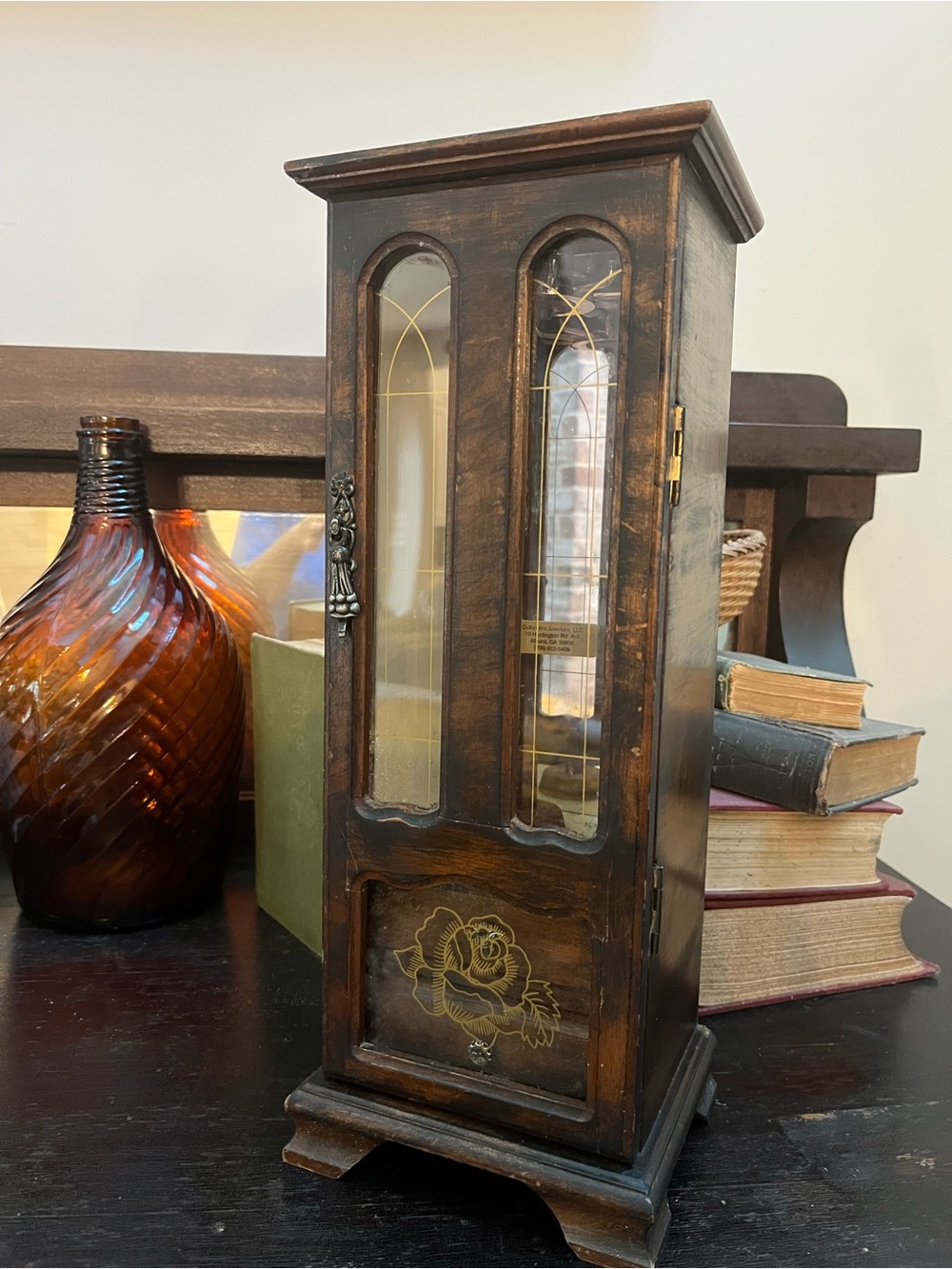 Vintage Wooden Jewelry Cabinet with Floral Inlay - Dark Brown